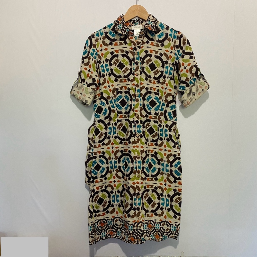 Kate Hill Linen Shirt Dress Size 6 Boho Geometric Button Front with Belt